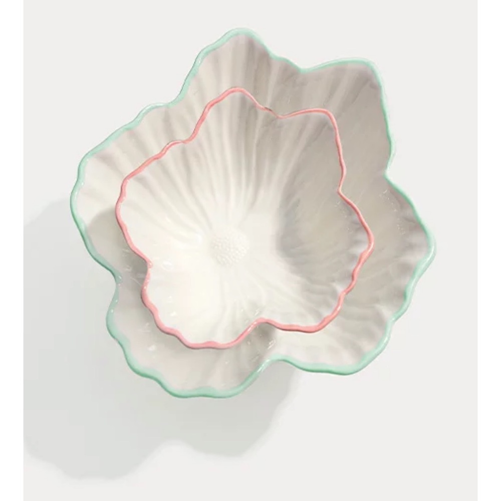 Lilly Pulitzer White Floral Ceramic Nesting Bowls with Pink & Mint Trim